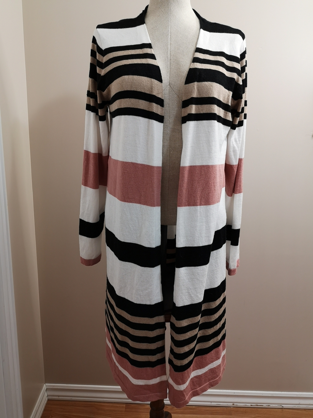 Simply Noelle Striped Long Open Cardigan, S/M, Neutral Pink Black White